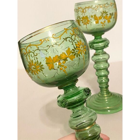 Vintage Moser Green Glass Roemer Wine Goblets Gold Gilded Floral Design - Picture 4 of 5